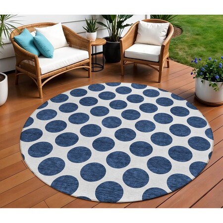 8' Navy Blue And Ivory Round Polka Dot Washable Indoor Outdoor Area Rug