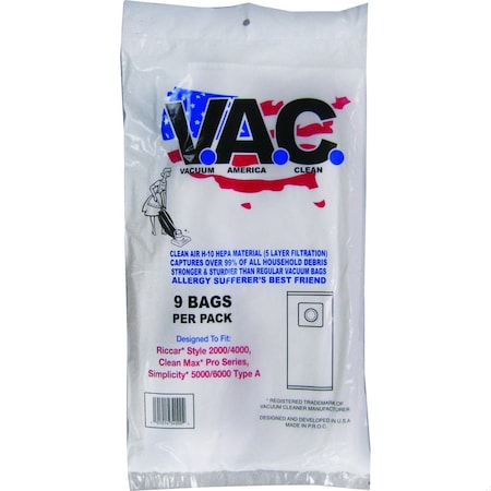Vacuum America Clean Riccar Style 2000/4000, Clean Max Pro Series, Simplicity 5000/6000 Type A, 9PK VAC 27
