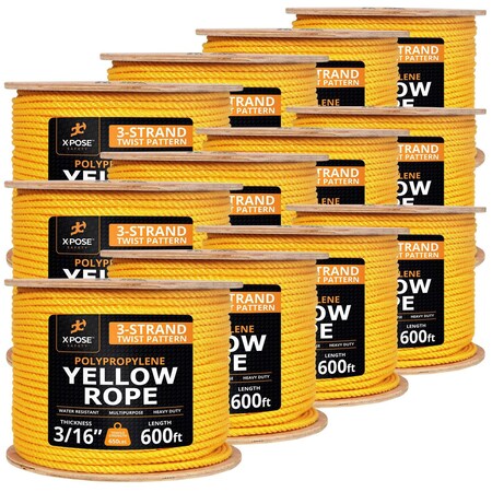 Xpose Safety 3/16in x 600 ft Twisted Polypropylene Rope, Yellow, 12PK YPR316-600-12-X