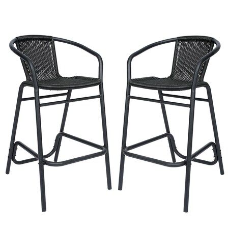 Flash Furniture Lila Commercial Grade Indoor-Outdoor PE Rattan Restaurant Barstool with Black Aluminum Frame and Footrest in Black, PK2 2-SDA-AD632032R-BK-GG