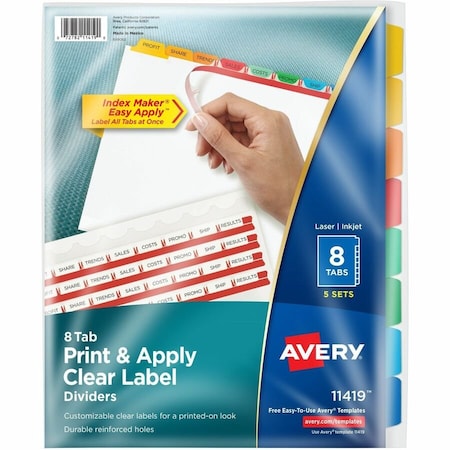 Avery Dennison Avery Index Maker Punched Clear Label Tab Divider, Blank, 8.5"x11", 8 Tabs, 5 Sets, White/Multicolor 11419