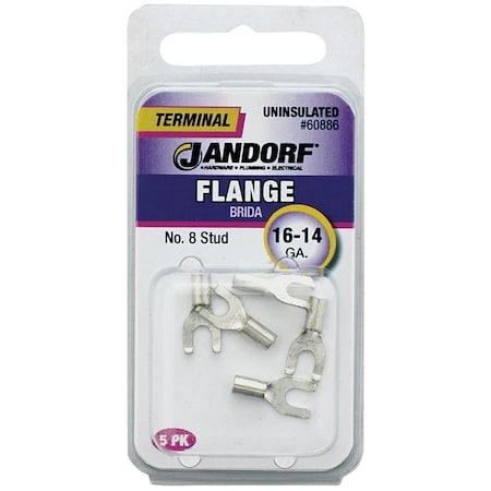Jandorf Non-Insulated Flanged Spade Terminal, 16 to 14 AWG Wire, #8 Stud, Copper Contact 60886