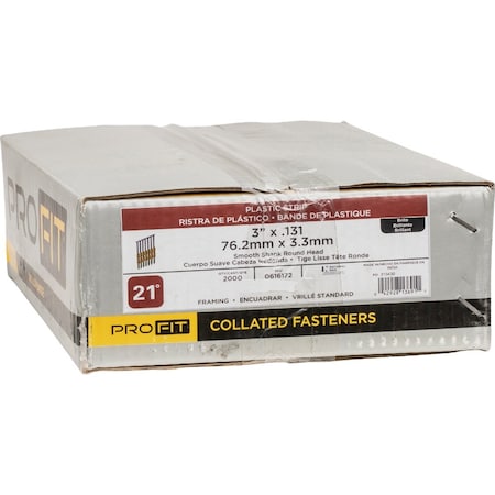 Pro-Fit 3'' x 0.131'' 21 Degree Plastic Strip Round Head Smooth Shank Brite Framing Stick Nails, 2000 Ct. 616172