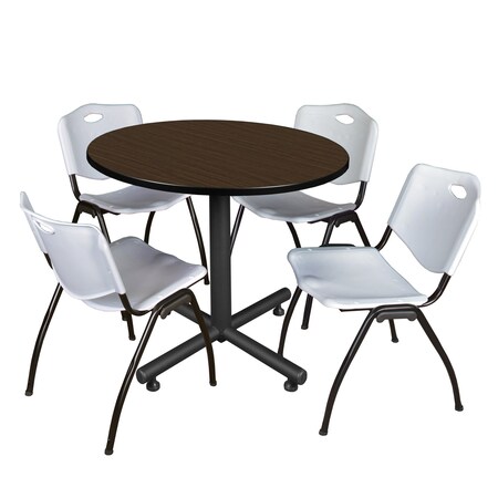 Regency Round Kobe Breakroom Table W/ 4 M Stack Chairs, 42 in W, 42 in L, Neo Walnut TKB42RNDNW47GY
