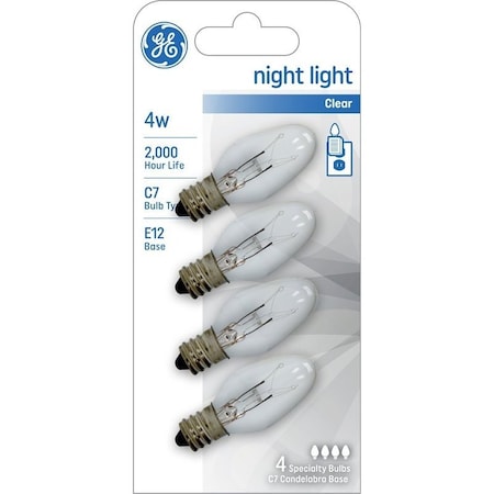 Ge Night Light Bulb, 4 W, E12 Candelabra Lamp Base, C7 Lamp, 16 Lumens, 2000 hr Average Life, 4PK 20572