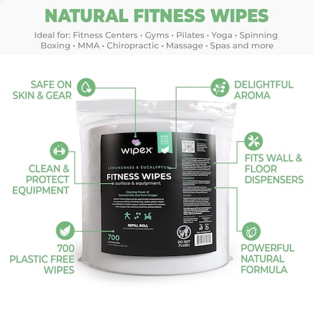 Wipex Natural Fitness Wipes 700ct Refill Rolls, 2PK, Lemongrass/Eucalyptus, Gym Equipment Wipes, 2PK WX71940FLE-2