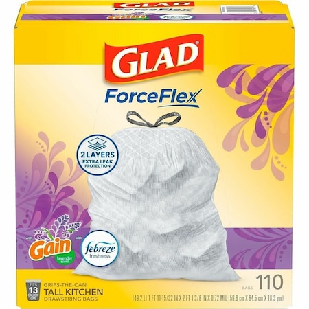 Glad ForceFlex Tall Kitchen Drawstring Trash Bags, 13 gal, Gain Lavender, 10.18 x 9.81, White, 110PK 79157