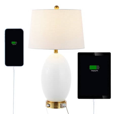 Jonathan Y Reese 26.5" 1-Outlet Contemporary Style Iron/Glass LED Table Lamp w/USB Charging Port, White/Brass Go JYL4053A