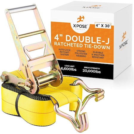 Xpose Safety Ratchet Straps Heavy Duty, 4 In x 30 FT Tie Down Straps Ratchet Operated with Double J Hooks RTD430-DJH-1-X