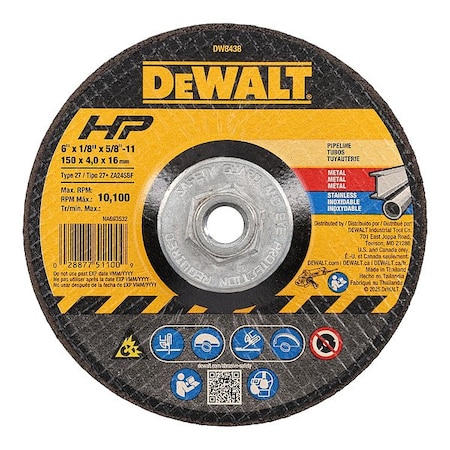 Dewalt Cut-Off & Grinding Wheel, Type 27, 6 in Dia, 0.125 in Thick, 5/8"-11 Arbor Hole Size, 24 Grit DW8438