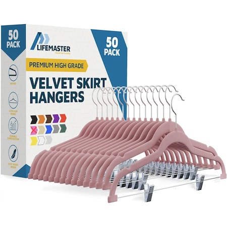 Lifemaster Velvet Pants Hangers, Adjustable Clips, 360 Deg Swivel Hook, Non-Slip, Holds 10 lbs, Pink, 50PK LMVSH50PK
