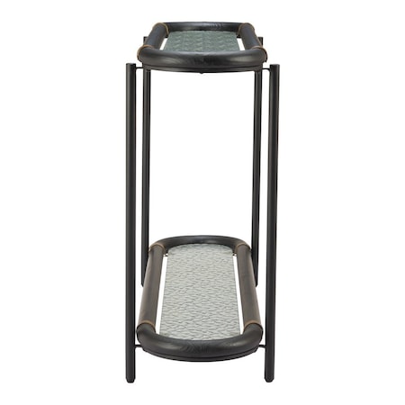 Homeroots 52" Black and Clear Glass Solid Wood and Steel Oval Console Table With Shelf 668876