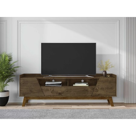 Manhattan Comfort Mid-Century Modern Marcus 70.86 TV Stand with Solid Wood Legs in Rustic Brown 261BMC9