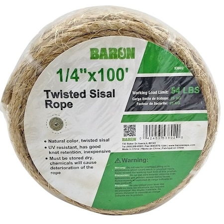 Baron Utility Rope, 1/4 in Dia, 100 ft L, 54 lb Working Load, Sisal 53802