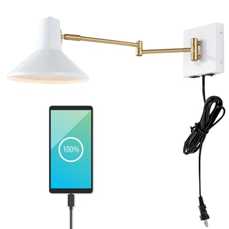 Jonathan Y Hygge 16" Swing Arm 1-Light Modern Midcentury Iron USB Charging Port LED Sconce, White/Brass Gold JYL1302A