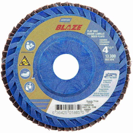 Norton Abrasives Flap Disc, Ceramic, Type 27, 4 1/2" dia 63642501865