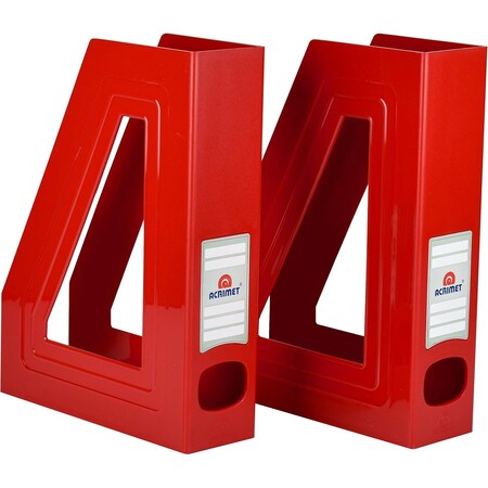 Acrimet Magazine File Holder Vertical Rack, Durable Plastic Desk Organizer, Solid Red, 2PK 277.VM