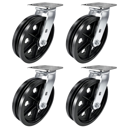 Hyw Products Heavy Duty Caster Set 8in V-Groove Wheels, 4 Swivel, 4PK 40-80S-A1-VG-4