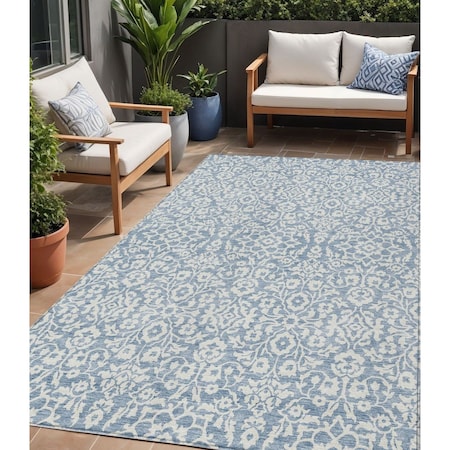 Homeroots 8' X 10' Denim Blue And Ivory Damask Washable Indoor Outdoor Area Rug 595136