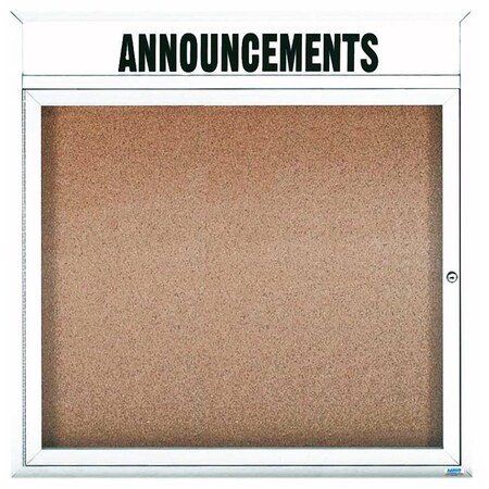 Aarco Enclosed Natural Pebble Grain Cork Bulletin Board w/ Header Red Powder Coated Al Frame, 36''Hx36''W DCC3636RHW