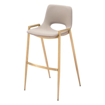 Homeroots Set of Two 30" Beige And Gold Faux Leather And Steel Low Back Bar Height Bar Chairs 555673