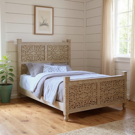 Homeroots White Carved Floral Distressed Solid Wood Queen Bed Frame 521077