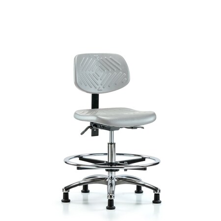 Blue Ridge Ergonomics Poly Chair Chrome-Medium Bench Ht with Seat Tilt, Chrome Foot Ring, & Stationary Glides in Gray Poly PMBCH-CR-T1-A0-CF-RG-GRY