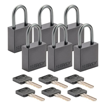 Brady Lockout Padlock, Keyed Alike, Aluminum, Black, 1 in Shackle Height, 1 1/4 in Body Width, 6 PK CPAL-BLK-25AL-KA6