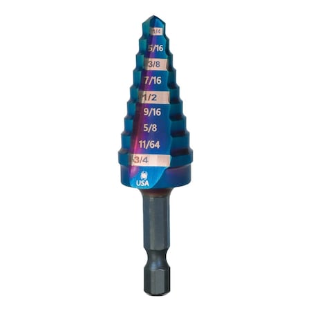 Spyder 9 Step Bit, Mach-Blue Hex Shank, 1/4'', 3/4'' 19021