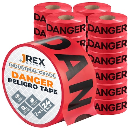 Jrex Safety Danger/Peligro Tape Roll - 1000 Ft x 3 Inch Wide Each - Red, 24PK PDPT-JR-24PK