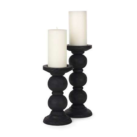 Homeroots Set of Two Black Wood Abstract Tabletop Candle Holders, 2PK 608539