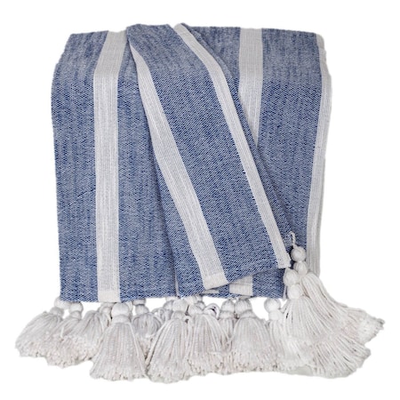 Homeroots 50" X 60" Blue and White Woven Cotton Striped Throw Blanket with Tassels 548933
