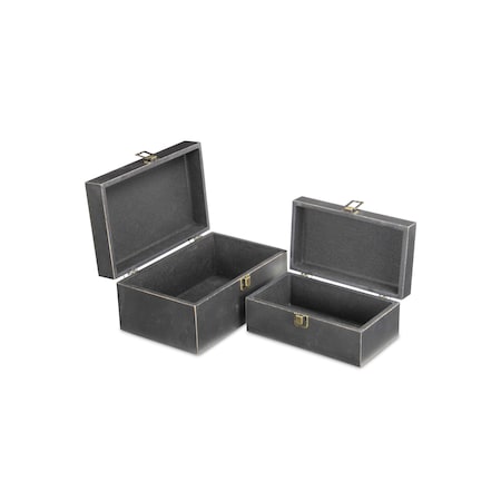 Homeroots Set of Two Black Wood And Fabric Box With Lid, 2PK 489391