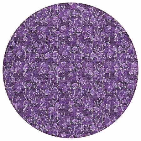 8' Purple Eggplant And Ivory Round Floral Washable Indoor Outdoor Area Rug