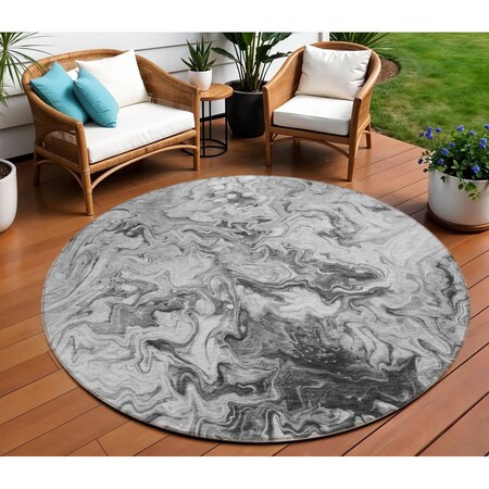 Homeroots 8' Gray Charcoal And Silver Round Abstract Washable Indoor Outdoor Area Rug 577958