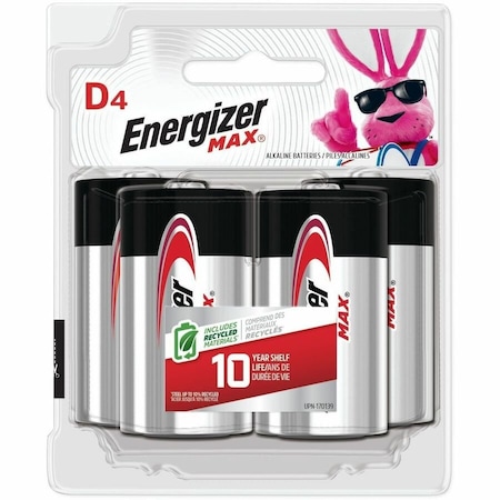 Energizer Max Alkaline Battery, D 1.5V DC 4 PK E95BP-4