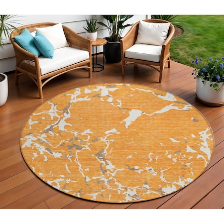 Homeroots 8' Orange Brown And Ivory Round Striped Washable Indoor Outdoor Area Rug 600914