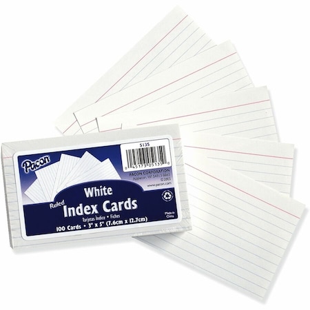 Pacon Index Cards, White, Ruled, 0.25" Ruled 3 x 5, 100 Cards/Pk, PK12 5135