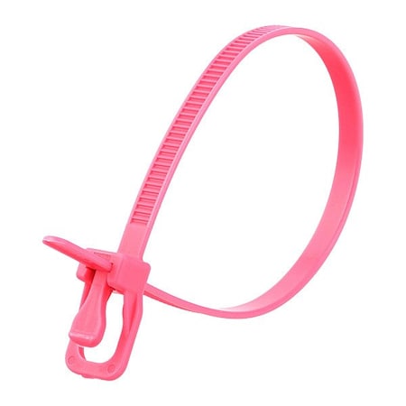 Retyz Reusable Cable Ties, 8 in L, 55 mm Max Bundle Dia., Fluorescent Pink, Nylon 6/6, 50 lb Strength EVT-S08FP-TA