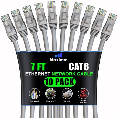 Maximm Cat6 Ethernet Cable 7ft 10Gbps 550MHz UTP, 10PK, Gray, 10PK CAT6-CCA-7FTGRAY-10PK