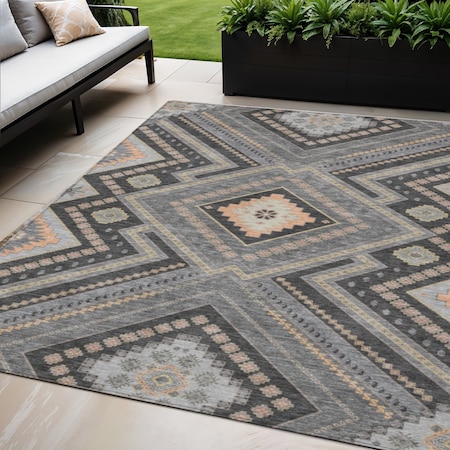 Homeroots 5' X 8' Gray Charcoal And Pink Tribal Washable Indoor Outdoor Area Rug 598125