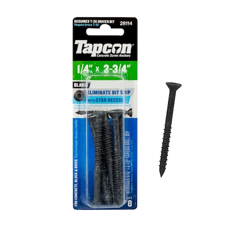 Tapcon 1/4 x 2-3/4 in Black Star Head Concrete Anchors Climaseal Coating, Star Drive, 8PK 28114