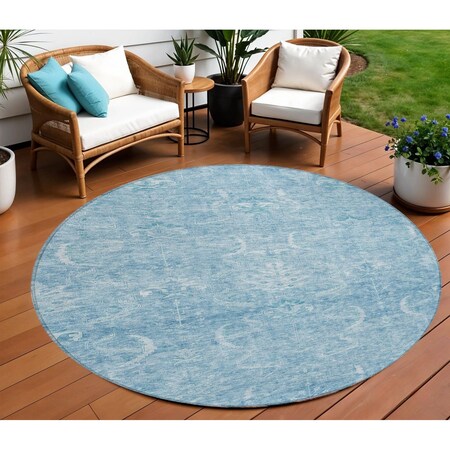 Homeroots 8' Sky Blue And Ivory Round Damask Washable Indoor Outdoor Area Rug 603361