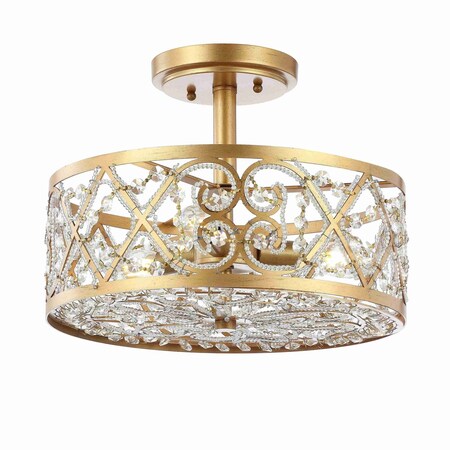 Jonathan Y Leila 3-Light 13.25" Iron/Crystal Modern Glam LED Flush Mount, Gold JYL9071A
