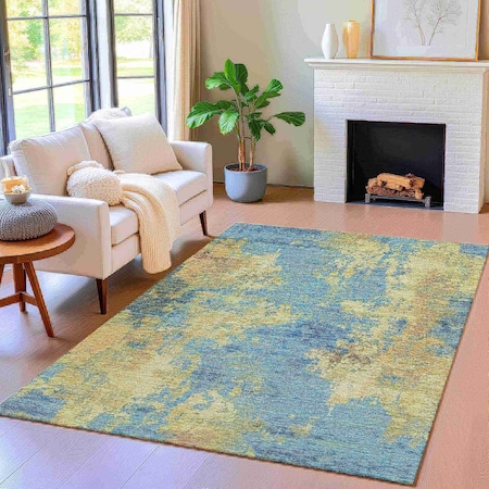 Homeroots 10' X 14' Blue And Beige Abstract Washable Indoor Outdoor Area Rug 630680