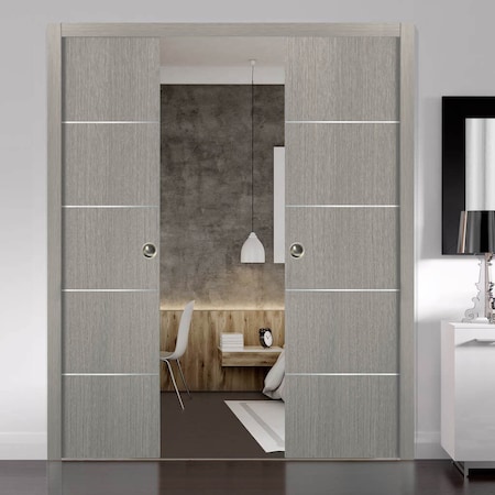 Sartodoors Modern Double Pocket Doors, Planum 0020 Grey Oak, Kit Trims Rail Hardware, Solid Wood Interior Bedr PLANUM0020DP-SD-36