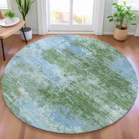 Homeroots 8' Sage And Denim Blue Round Abstract Washable Indoor Outdoor Area Rug 630653