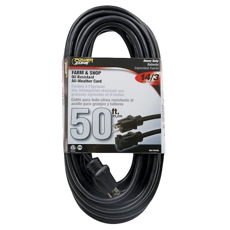 Powerzone SJTOW Extension Cord, 14 AWG, Outdoor, 14/3, 1 Outlets, Black, 50 ft OR532730