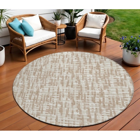 Homeroots 8' Tan And Beige Round Abstract Washable Indoor Outdoor Area Rug 602523