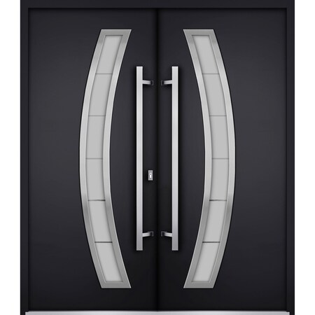Vdomdoors Steel Double Doors Deux 6500 Black Stainless Inserts Single Modern Painted DEUX6500DEXD-BLK-RH-W72 x H80